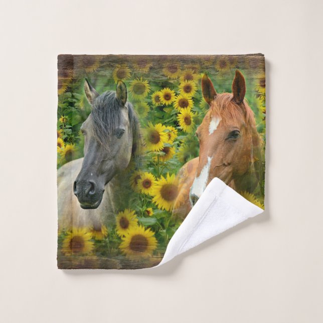 Schöne Pferde im Feld der Sonnenblumen waschen Tuc Badhandtuch Set (Waschlappen)