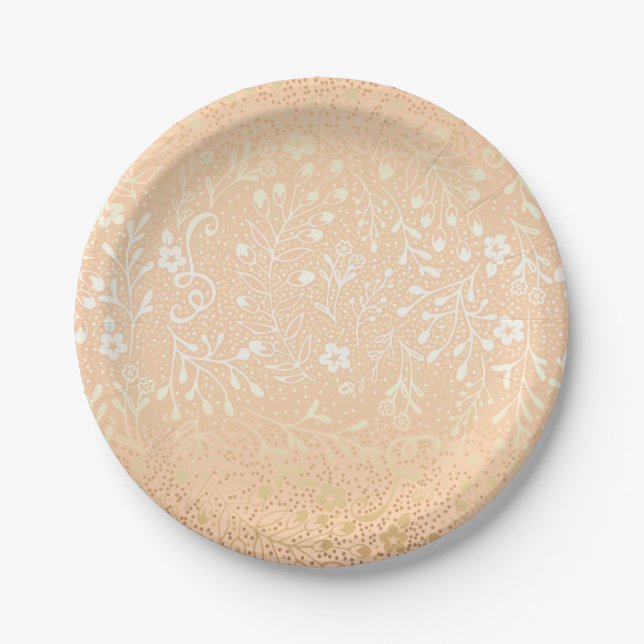 Schöne Pfirsich und Gold Floral Elegante Hochzeit Pappteller (Vorderseite)