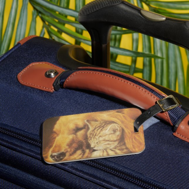 Schöne Phantastische Katze und Hund Cuddling Art P Gepäckanhänger (Vorderseite Insitu 3)