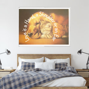 Schöne Phantastische Katze und Hund Cuddling Art P Leinwanddruck