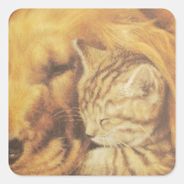Schöne Phantastische Katze und Hund Cuddling Art P Quadratischer Aufkleber (Vorderseite)