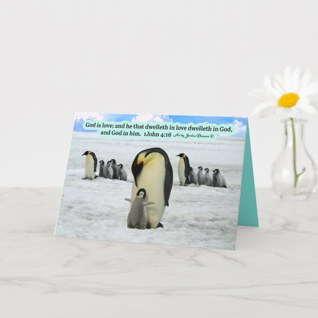 Schöne Pinguin-Schrift 1 John 4:16: Karte (Kleine Pflanze)