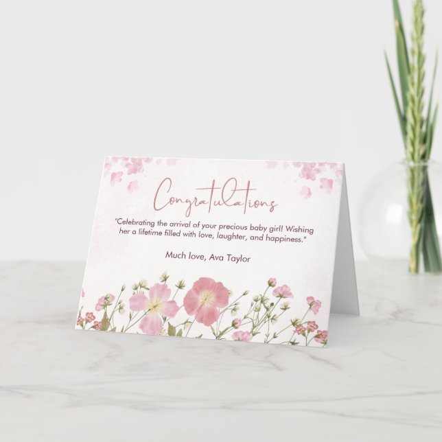 Schöne Pink Floral Baby Dusche Gratulation Karte (Vorderseite)