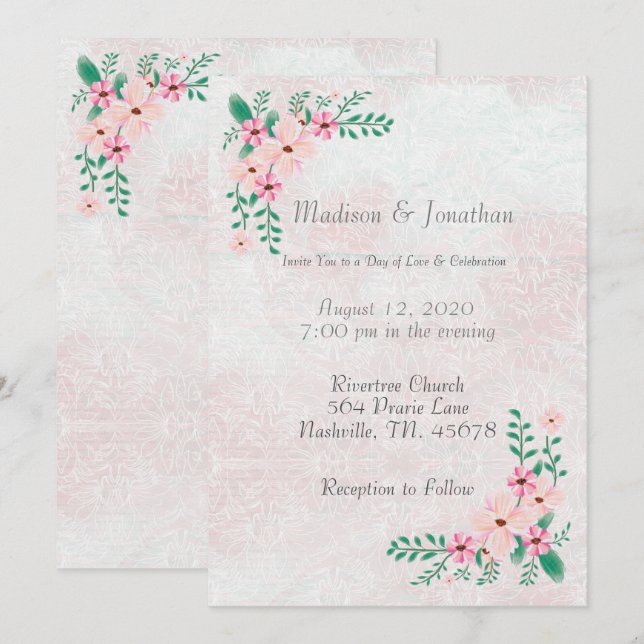 Schöne Pink Floral Wasserfarbe Hochzeit Einladung (Vorne/Hinten)