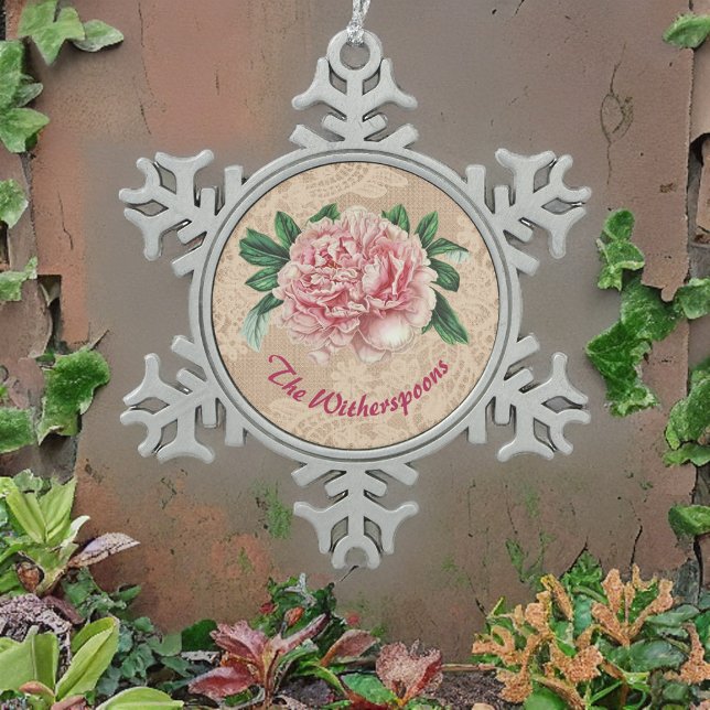 Schöne Pink Peony auf Pink Imitats Lace Schneeflocken Zinn-Ornament (Von Creator hochgeladen)