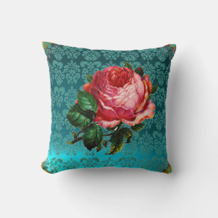 SCHÖNE PINK ROSE AQUA BLAU, AQUAMARINER DAMASK KISSEN