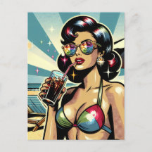 Schöne Pinup Frau mit Cola am Strand