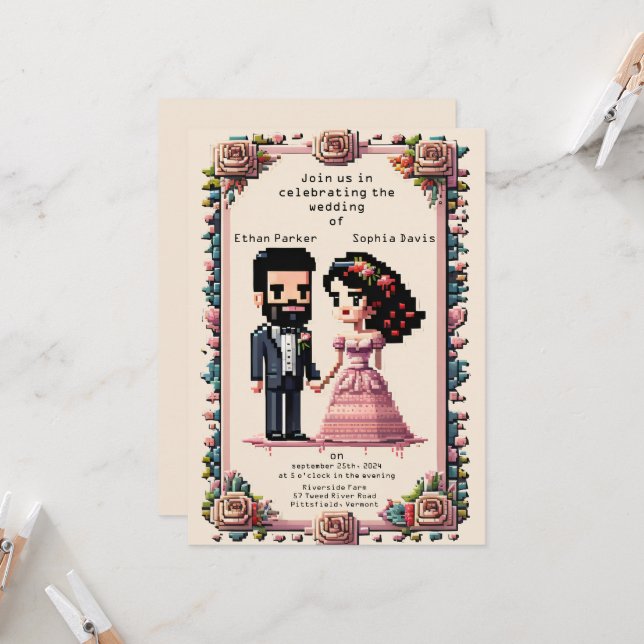 Schöne Pixel Art Wedding Einladung (Vorderseite/Rückseite Beispiel)