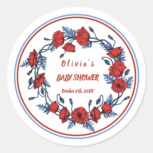 Schöne Poppy Personalisierte Babydusche Runder Aufkleber (Vorderseite)