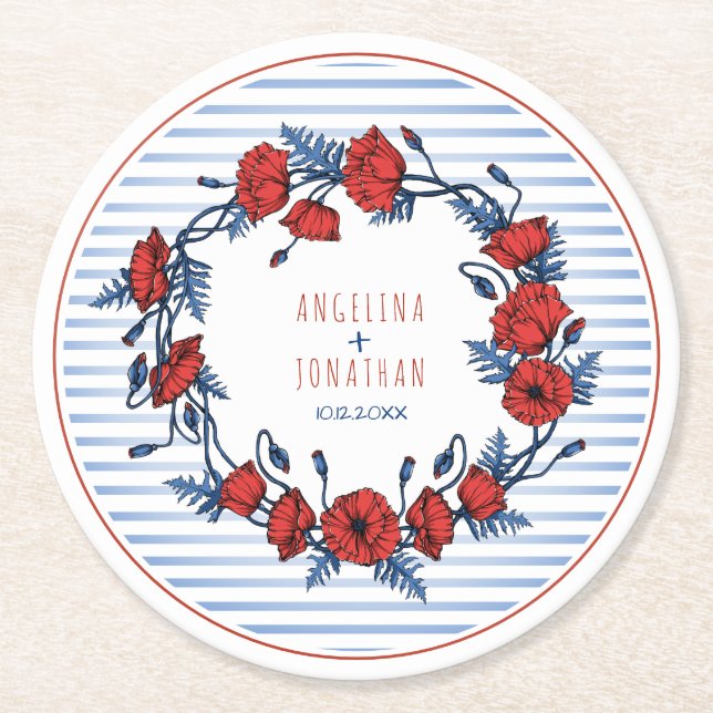 Schöne Poppy Wreath Floral & Streifen Runder Pappuntersetzer (Vorderseite)