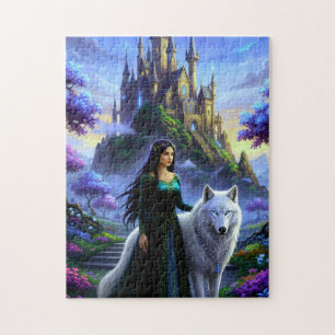 Schöne Prinzessin mit majestätischem Wolf