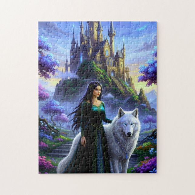 Schöne Prinzessin mit majestätischem Wolf (Vertikal)