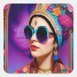 Schöne Prinzessin mit Sonnenbrille Quadratischer Aufkleber