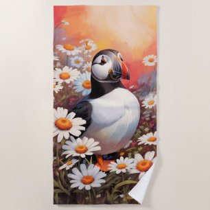 Schöne Puffin auf dem Platz Daisy Strandtuch
