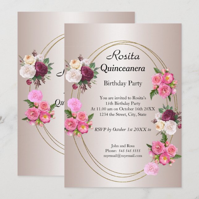Schöne Quinceanera Light Pink Geburtstagsparty Einladung (Vorne/Hinten)