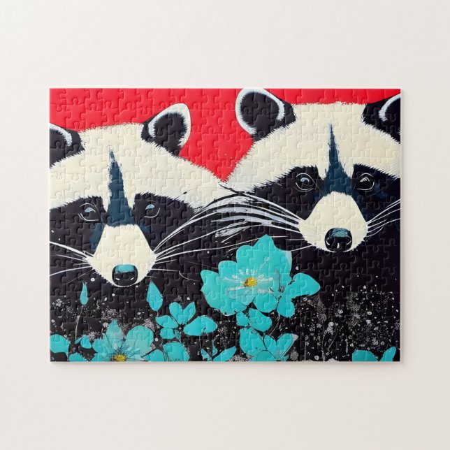 Schöne Raccoons mit blauen Blumen (Horizontal)