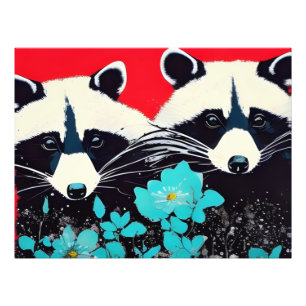 Schöne Raccoons mit blauen Blumen Fotodruck