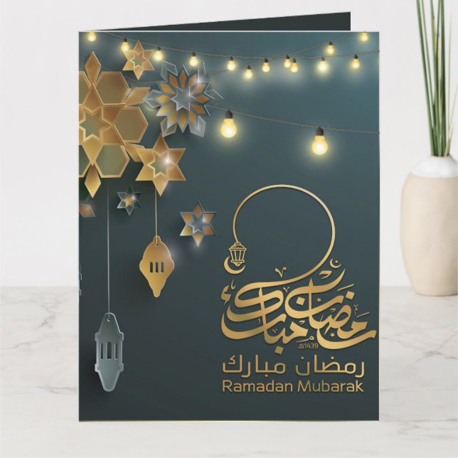 Schöne Ramzan Mubarak Golden & Blue Typografie Karte (Vorderseite)