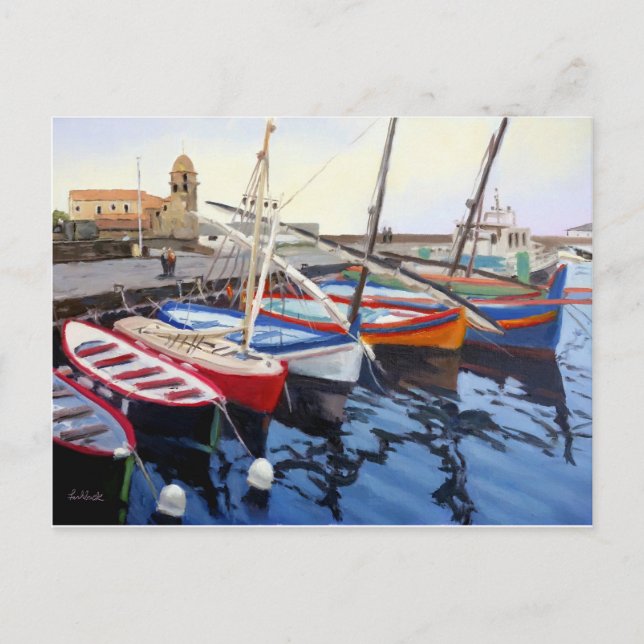 Schöne Red Orange Blue Green Boote in Collioure Postkarte (Vorderseite)
