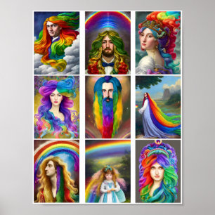 Schöne Regenbogen-Haare Menschenporträts Fantasy Poster