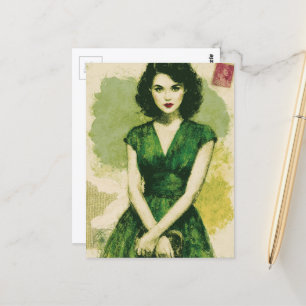 Schöne Retro-Frau in einem grünen Kleid Collage Postkarte