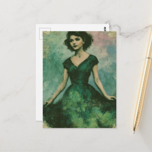 Schöne Retro-Frau in einem grünen Kleid Postkarte