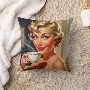 Schöne Retro Frau mit einer Tasse Kaffee Kissen