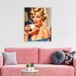 Schöne Retro Frau mit einer Tasse Kaffee Leinwanddruck