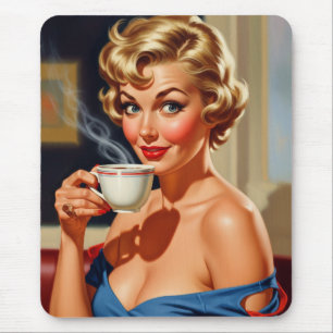 Schöne Retro Frau mit einer Tasse Kaffee Mousepad