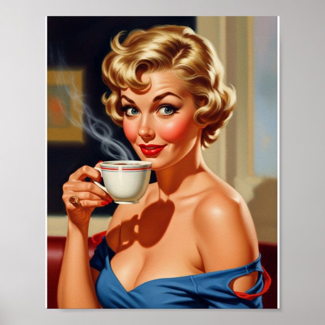 Schöne Retro Frau mit einer Tasse Kaffee Poster (Vorne)