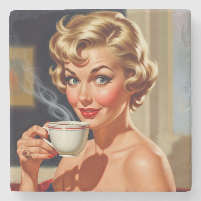 Schöne Retro Frau mit einer Tasse Kaffee Steinuntersetzer (Vorderseite)