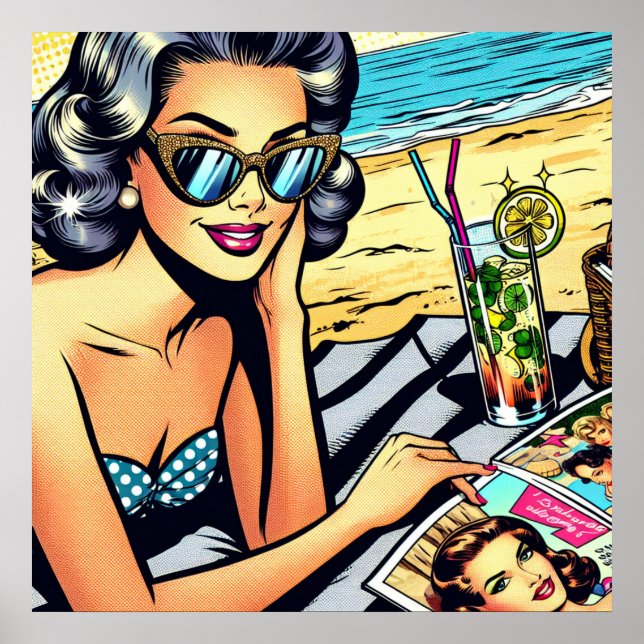 Schöne Retro Lady am Strand mit Cocktail Poster (Vorne)