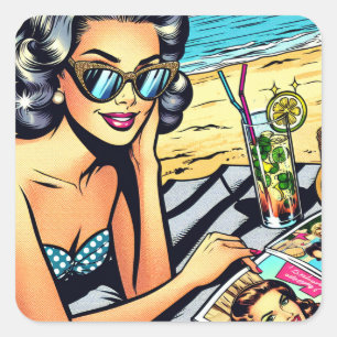 Schöne Retro Lady am Strand mit Cocktail Quadratischer Aufkleber
