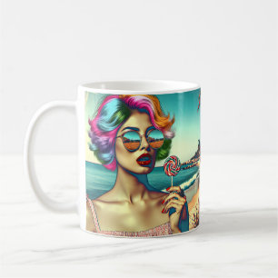 Schöne Retro-Pop-Art-Frau mit Lutscher Kaffeetasse