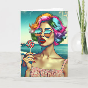 Schöne Retro-Pop-Art-Frau mit Lutscher Karte