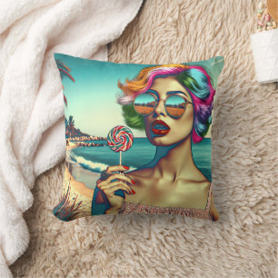 Schöne Retro-Pop-Art-Frau mit Lutscher Kissen