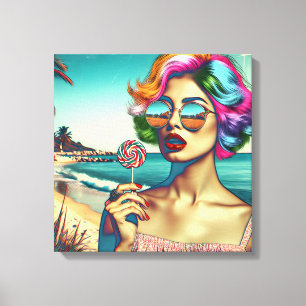 Schöne Retro-Pop-Art-Frau mit Lutscher Leinwanddruck