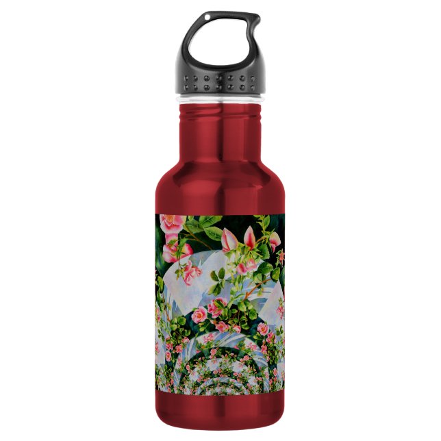 Schöne Retro-Rosa rote Rosen Aquarellblüte Edelstahlflasche (Vorderseite)