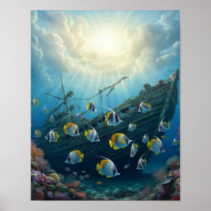 Schöne Riff-Fische mit einem Schiffswrack Poster