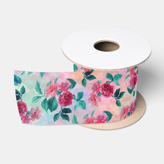 Schöne romantische Aquarellfarben Rose Blumenmuste Satinband (Spule)