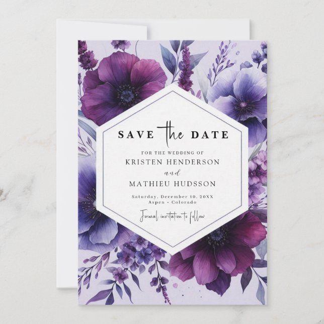 Schöne romantische Lila Blumenhochzeit Save The Date (Vorderseite)