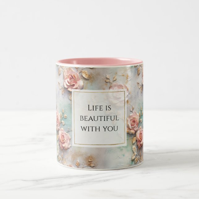 Schöne romantische Rosatönen Romantische Rose Zweifarbige Tasse (Mittel)