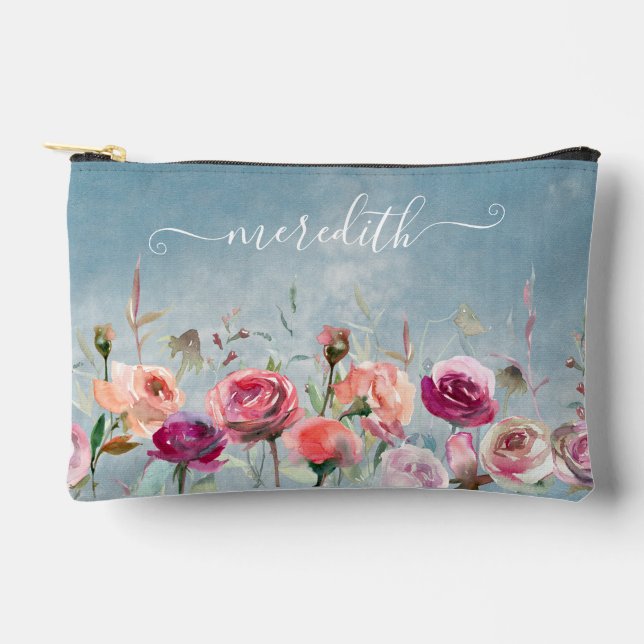 Schöne rosa Aquarellfarben Blume Garten Name Zubehörtasche (Vorderseite)