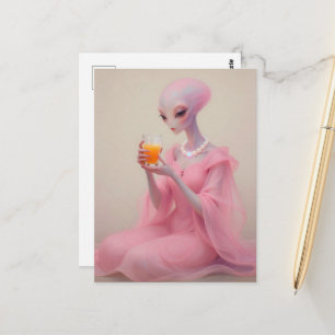 Schöne rosa Außerirdische Dame mit Orangensaft Postkarte