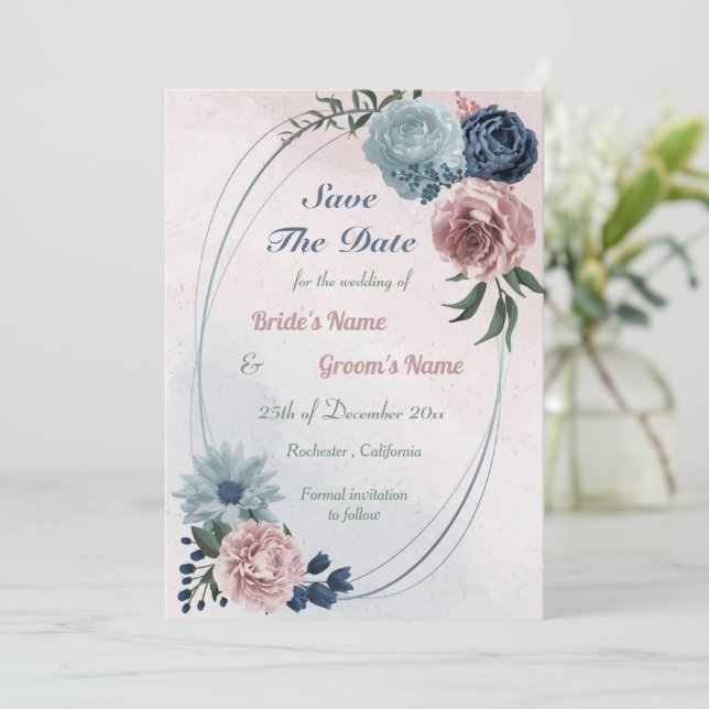 schöne rosa blaue Blumengeometrie Save The Date (Stehend Vorderseite)