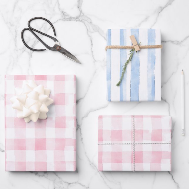 Schöne rosa blaue weiße Karo Streifen Brautparty Geschenkpapier Set (Vorderseite)