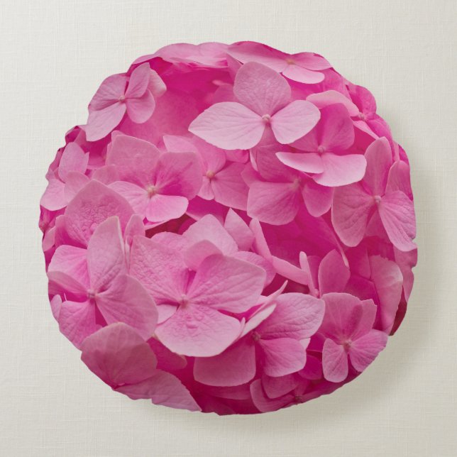Schöne rosa blühende Hydrangea, elegante Blütenpra Rundes Kissen (Vorderseite)