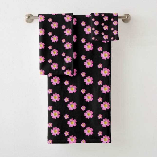 Schöne rosa Blume auf schwarz Badhandtuch Set (Insitu)
