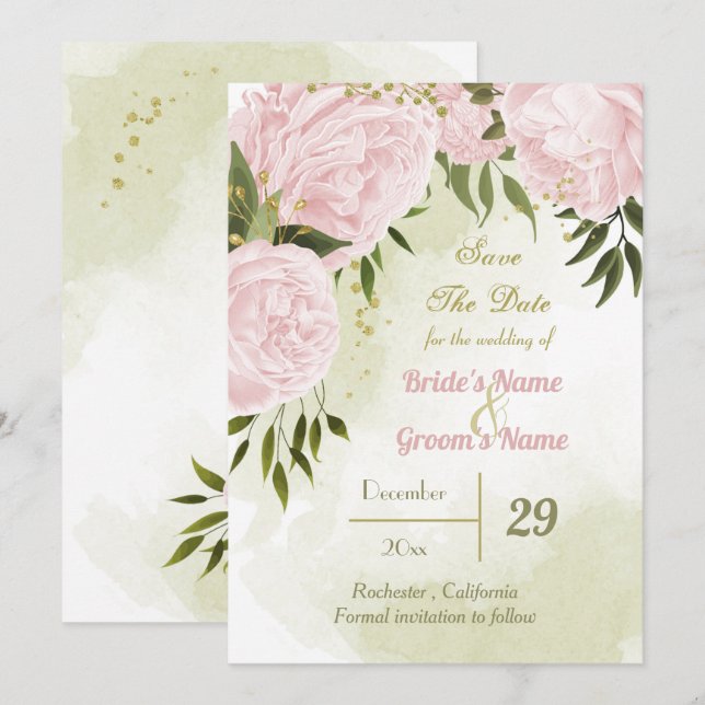 schöne rosa Blume grüne Blätter botanisch Save The Date (Vorne/Hinten)