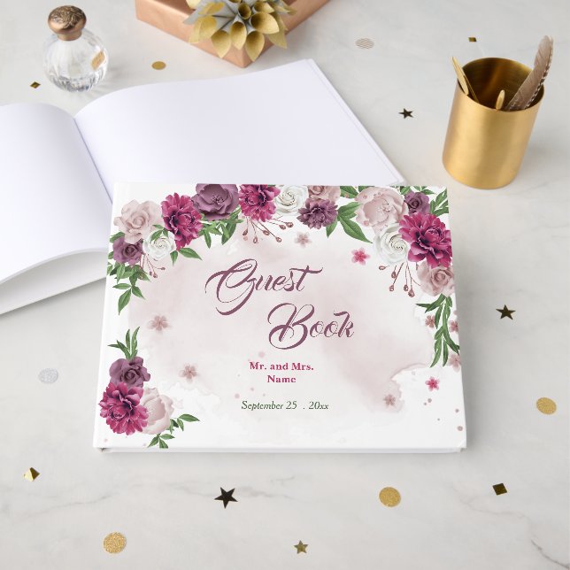 schöne, rosa Blume mit bordeauxfarbenen Pflanzen Gästebuch (Vorderseite Offen)